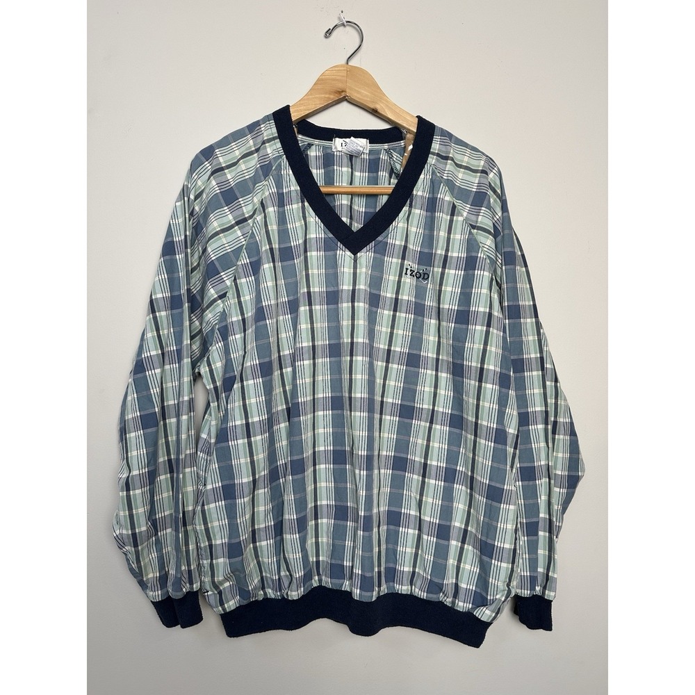 Vtg IZOD‎ Golf Jacket Mens Medium Windbreaker Long Sleeve Sweater Pullover Plaid